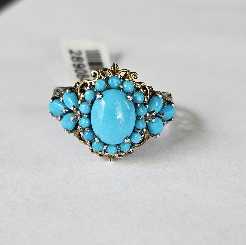 Genuine Sleeping Beauty Turquoise Ring 18K YG & 925! Sz 9! NWT - Picture 2 of 8